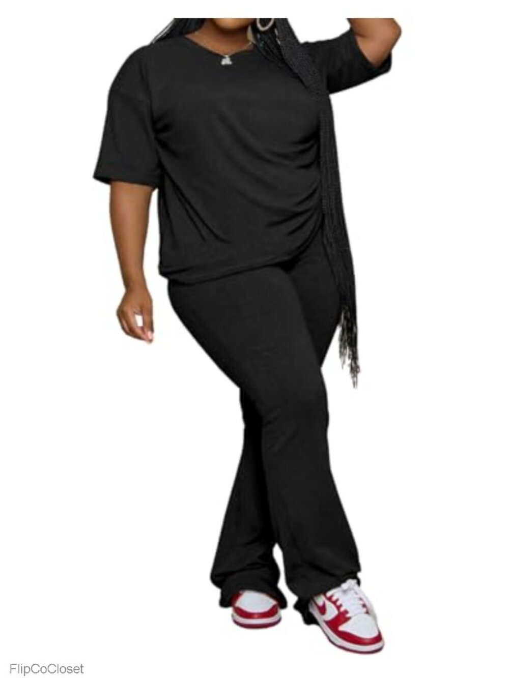 Plus Size 2 Piece Outfit Short Sleeve Top Flare Pants Tracksuit